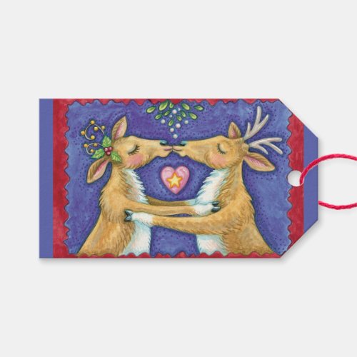 Cute Christmas Reindeer Romantic Kiss w Mistletoe Gift Tags