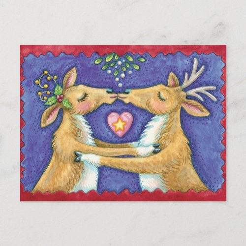 Cute Christmas Reindeer Romantic Kiss w Mistletoe Holiday Postcard