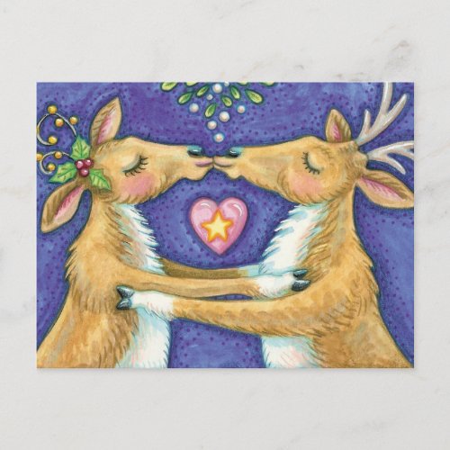 Cute Christmas Reindeer Romantic Kiss w Mistletoe Holiday Postcard