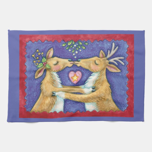 Cute Christmas Reindeer, Romantic Kiss w Mistletoe Kitchen Towel (Horizontal)