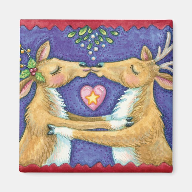 Cute Christmas Reindeer, Romantic Kiss w Mistletoe Magnet (Front)