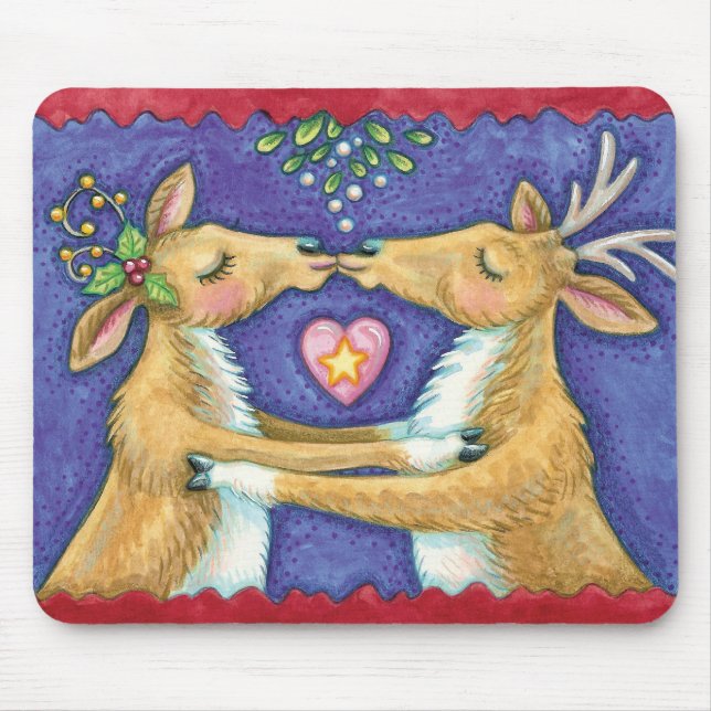 Cute Christmas Reindeer, Romantic Kiss w Mistletoe Mouse Pad (Front)