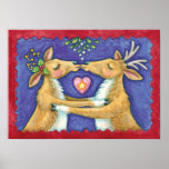 Cute Christmas Reindeer, Romantic Kiss w Mistletoe Poster<br><div class="desc">Vintage illustration Merry Christmas design featuring a love and romance design with two adorable reindeer kissing under the mistletoe. A heart is between them. A funny,  silly and romantic cartoon design for animal lovers.</div>