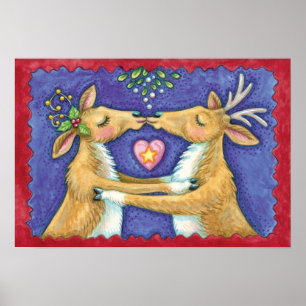 Cute Christmas Reindeer, Romantic Kiss w Mistletoe Poster