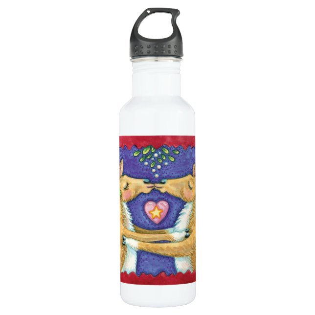 Cute Christmas Reindeer, Romantic Kiss w Mistletoe Water Bottle (Front)