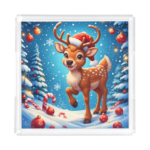 Cute Christmas Reindeer Santa Hat Candy Canes Acrylic Tray