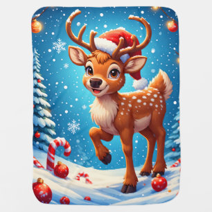 Cute Christmas Reindeer Santa Hat Candy Canes Baby Blanket