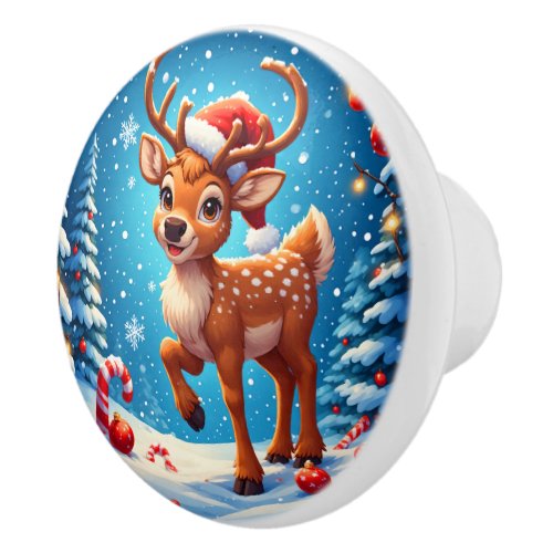 Cute Christmas Reindeer Santa Hat Candy Canes Ceramic Knob