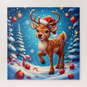 Cute Christmas Reindeer Santa Hat Candy Canes Jigsaw Puzzle