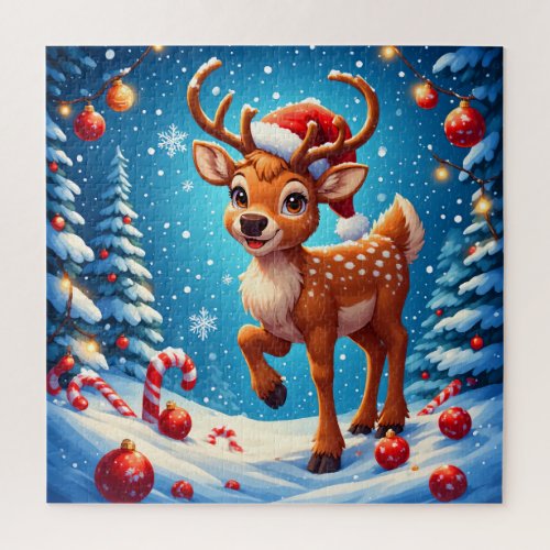 Cute Christmas Reindeer Santa Hat Candy Canes Jigsaw Puzzle