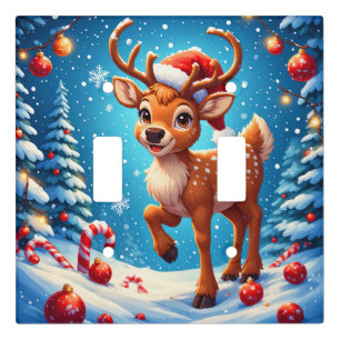 Cute Christmas Reindeer Santa Hat Candy Canes Light Switch Cover