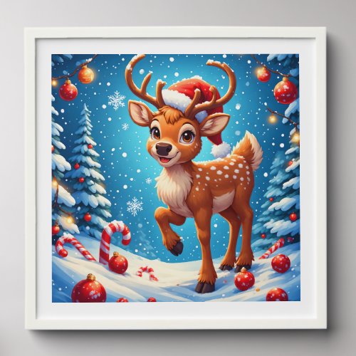 Cute Christmas Reindeer Santa Hat Candy Canes Peel And Stick Photo Tile