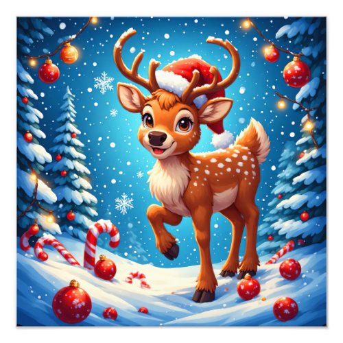 Cute Christmas Reindeer Santa Hat Candy Canes Photo Print