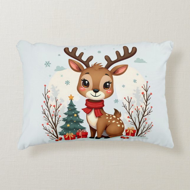 Cute Christmas Reindeer Scene Snowy Forest Accent Pillow (Front)
