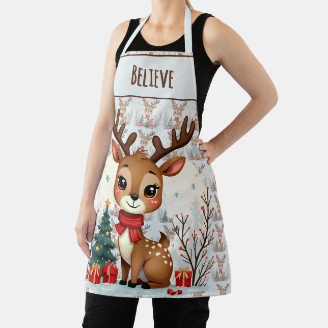 Cute Christmas Reindeer Scene Snowy Forest Apron (Insitu)