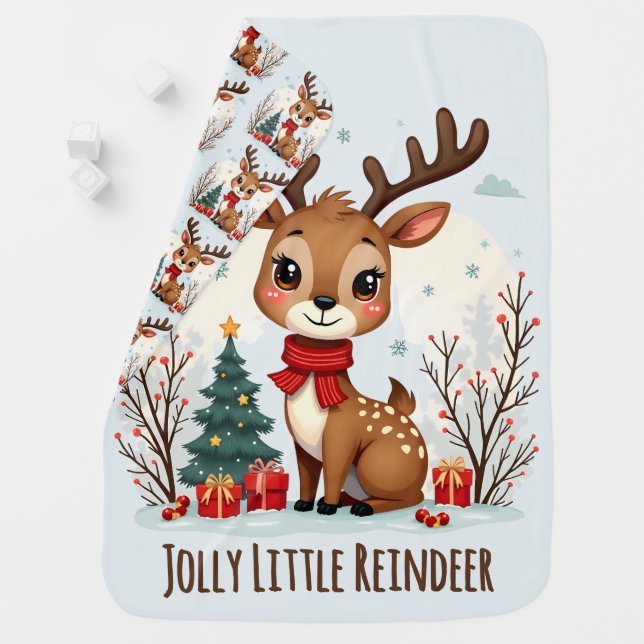 Cute Christmas Reindeer Scene Snowy Forest Baby Blanket (In Situ)