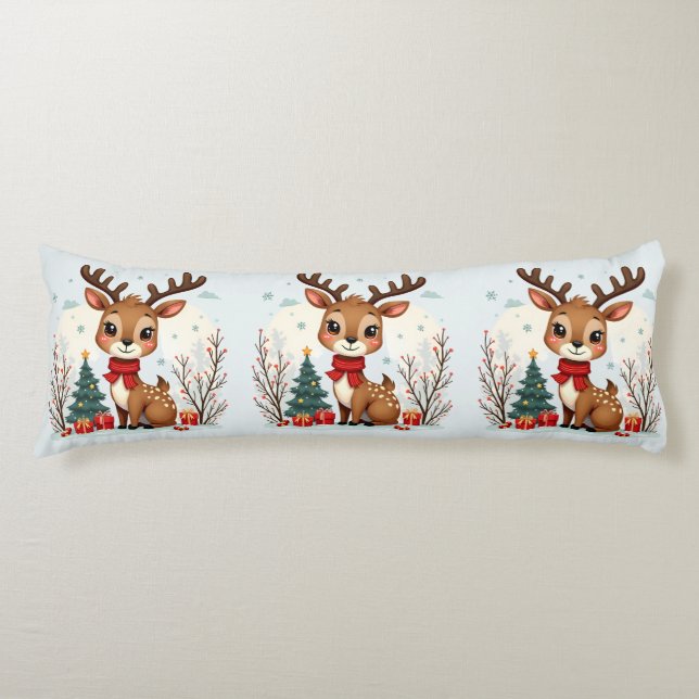 Cute Christmas Reindeer Scene Snowy Forest Body Pillow (Front)