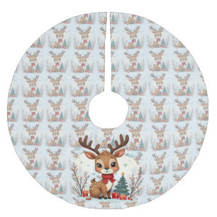 Cute Christmas Reindeer Scene Snowy Forest Brushed Polyester Tree Skirt