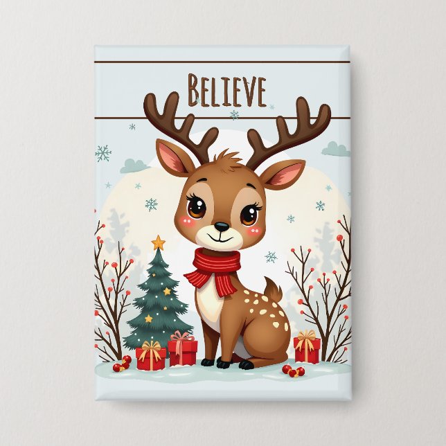Cute Christmas Reindeer Scene Snowy Forest Button (Front)