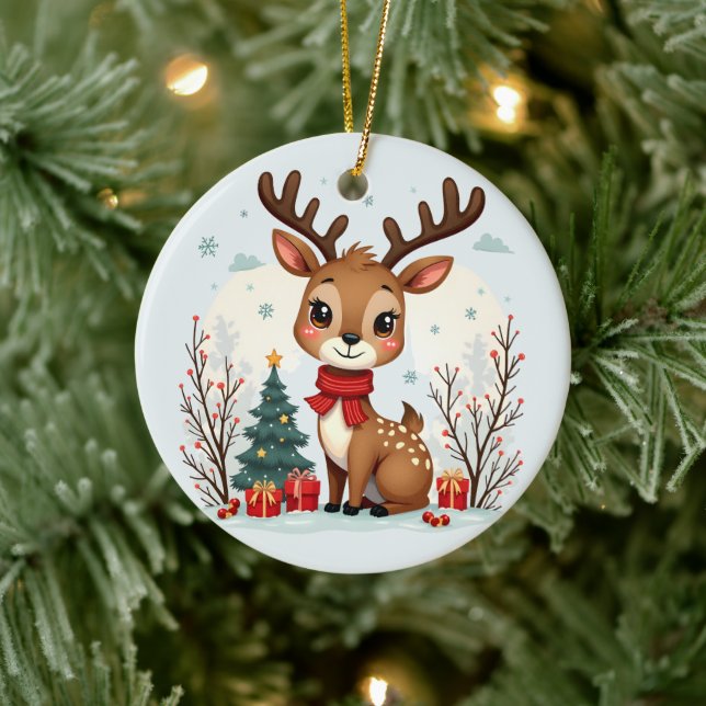 Cute Christmas Reindeer Scene Snowy Forest Ceramic Ornament (Tree)