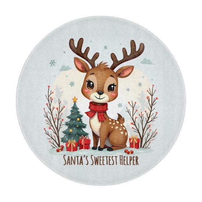 Cute Christmas Reindeer Scene Snowy Forest Cutting Board (Front)