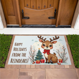 Cute Christmas Reindeer Scene Snowy Forest Doormat
