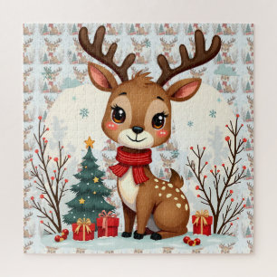Cute Christmas Reindeer Scene Snowy Forest Jigsaw Puzzle