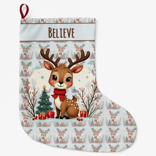 Cute Christmas Reindeer Scene Snowy Forest Large Christmas Stocking (Front)