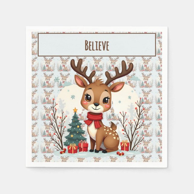 Cute Christmas Reindeer Scene Snowy Forest Napkins (Front)