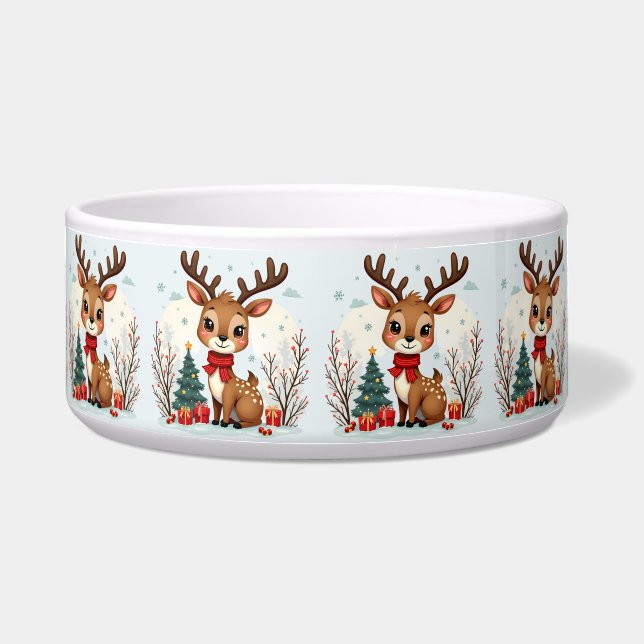 Cute Christmas Reindeer Scene Snowy Forest Pet Bowl (Front)