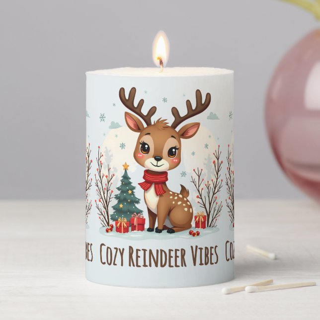 Cute Christmas Reindeer Scene Snowy Forest Pillar Candle (In Situ)