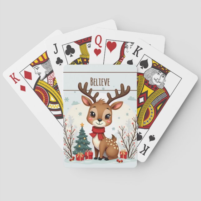 Cute Christmas Reindeer Scene Snowy Forest Poker Cards (Back)