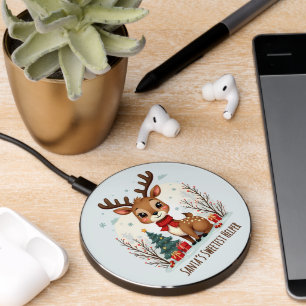 Cute Christmas Reindeer Scene Snowy Forest Wireless Charger