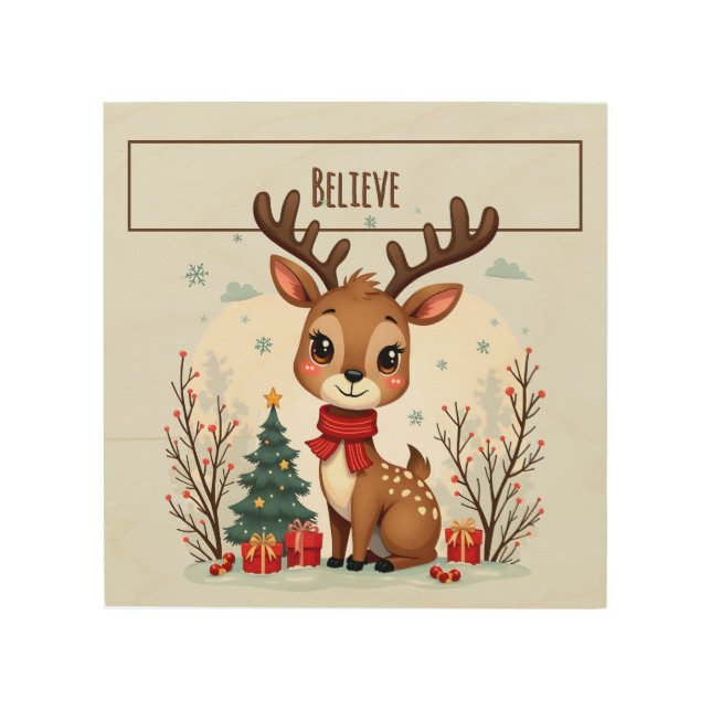 Cute Christmas Reindeer Scene Snowy Forest Wood Wall Art (Front)