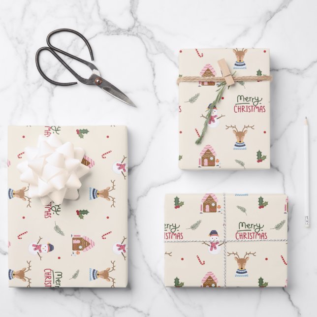 Cute Christmas Reindeer Snowman Pattern Whimsical  Wrapping Paper Sheets (Front)