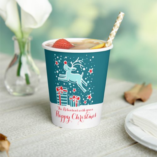 Cute Christmas reindeer teal red custom Paper Cups
