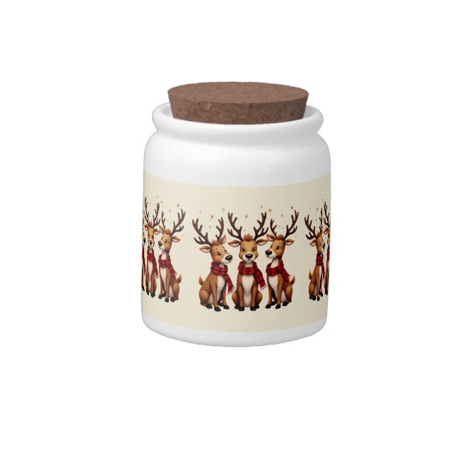 Cute Christmas Reindeer Trio with Plaid Scarves Candy Jar (Left)
