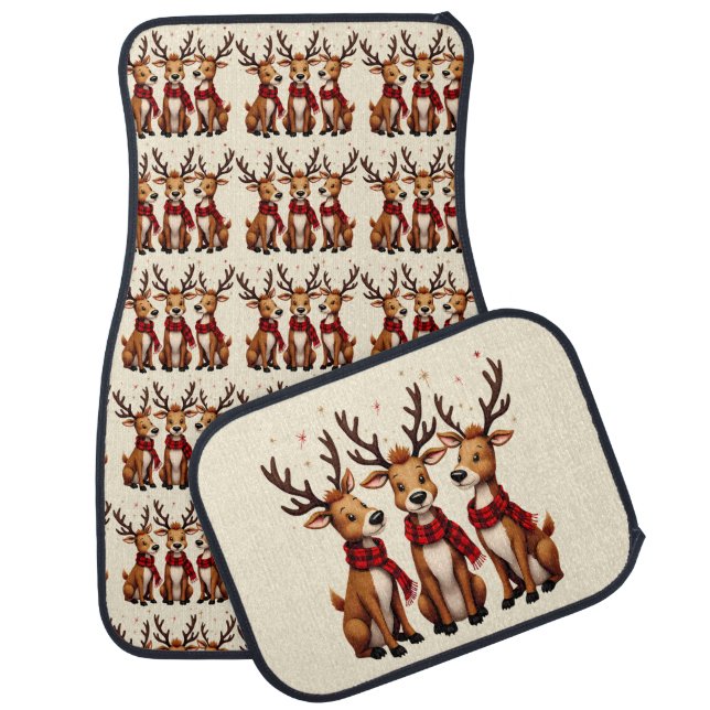 Cute Christmas Reindeer Trio with Plaid Scarves Car Floor Mat (Set)
