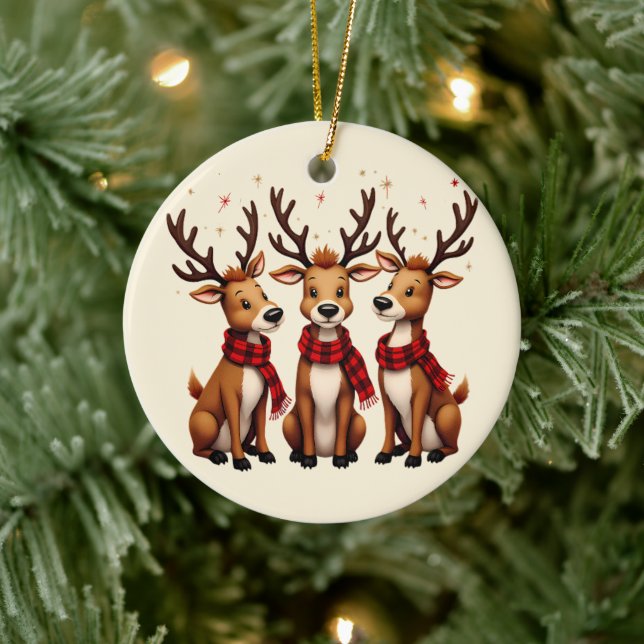 Cute Christmas Reindeer Trio with Plaid Scarves Ceramic Ornament (Tree)