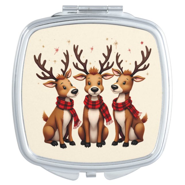 Cute Christmas Reindeer Trio with Plaid Scarves Compact Mirror (Front)