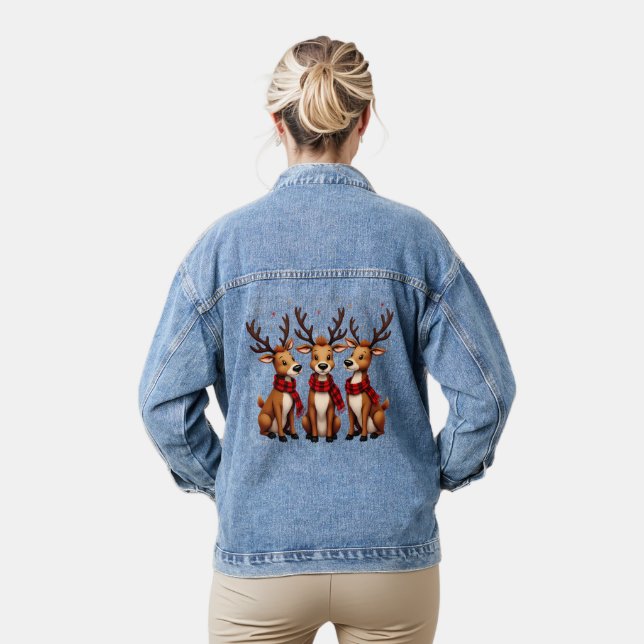 Cute Christmas Reindeer Trio with Plaid Scarves Denim Jacket (Model)