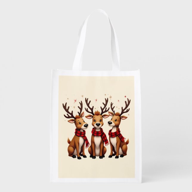 Cute Christmas Reindeer Trio with Plaid Scarves Grocery Bag (Back)