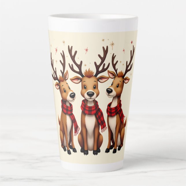Cute Christmas Reindeer Trio with Plaid Scarves Latte Mug (Front)