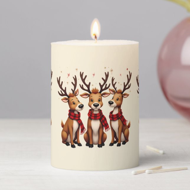 Cute Christmas Reindeer Trio with Plaid Scarves Pillar Candle (In Situ)