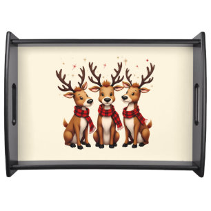 Cute Christmas Reindeer Trio with Plaid Scarves Serving Tray