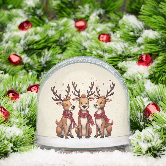 Cute Christmas Reindeer Trio with Plaid Scarves Snow Globe (Christmas)