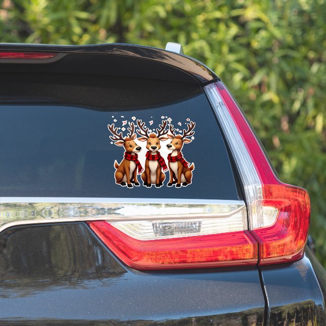 Cute Christmas Reindeer Trio with Plaid Scarves Sticker (Car Side)