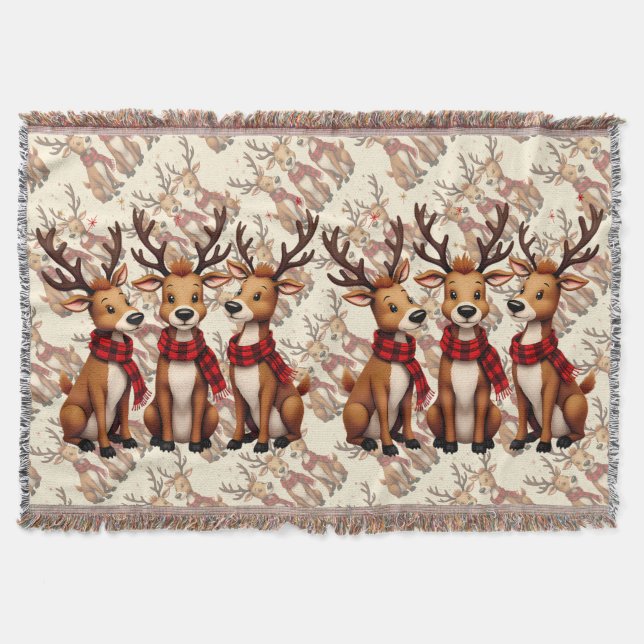 Cute Christmas Reindeer Trio with Plaid Scarves Throw Blanket (Front)