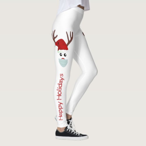 Cute Christmas Reindeer Wearing Mask White Red Leggings