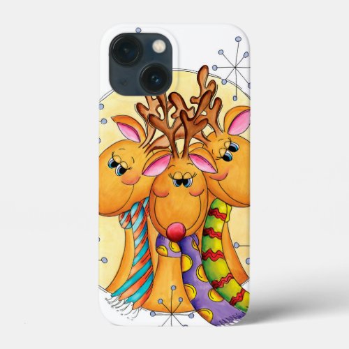 Cute Christmas Reindeer Wearing Scarves with Stars iPhone 13 Mini Case